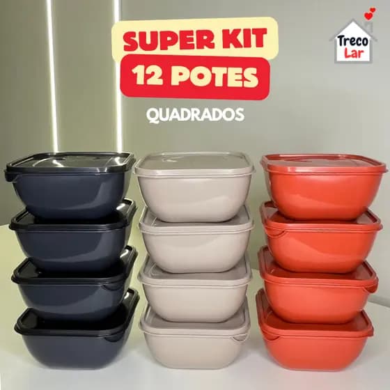 Conjunto 12 Potes Quadrados Tapoer de 1 Litro - Vasilha Pequenas Porções - Micro-ondas e Freezer