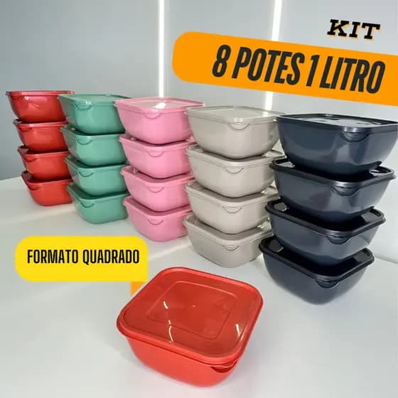 Conjunto com 8 Potes Plásticos - Formato Quadrado de 1 litro - Tapoer - Micro-ondas e Freezer