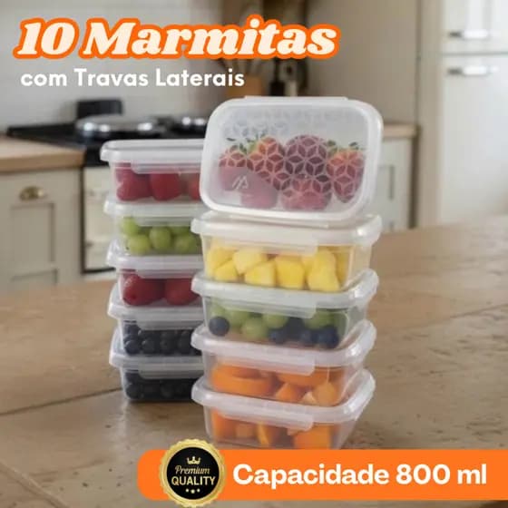 Kit 5 ou 10 Potes Marmita Retangular 800ml Travas Laterais Click - Bpa Free - Micro-ondas e Freezer