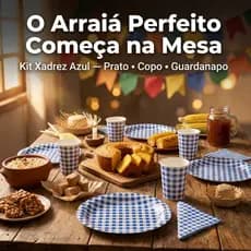 Kit até 120 Itens Festa Junina Arraial Xadrez Azul Descartável Prato + Copo + Guardanapo