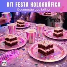 Kit 20 Itens Festa Furta-Cor Holográfico - Pratos Copos Descartável Metalizado Decoração Aniversário