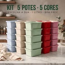 Kit 5 Potes 1 Litro Retangular BPA Free Qualidade Premium Freezer & Micro-ondas Organização Cozinha