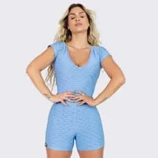 Promoção Macaquinho Fitness Bolha Mercy Azul Claro Feminino Treino AQN SPORT