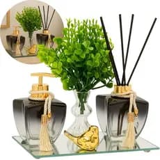 Kit Banheiro Lavabo Vidros Degrade Luxo C/ Bandeja Vasinho E Enfeite