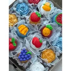 frutas pasta americana banana uva maçã abacaxi frutinhas apliques comestível donuts docinhos morango