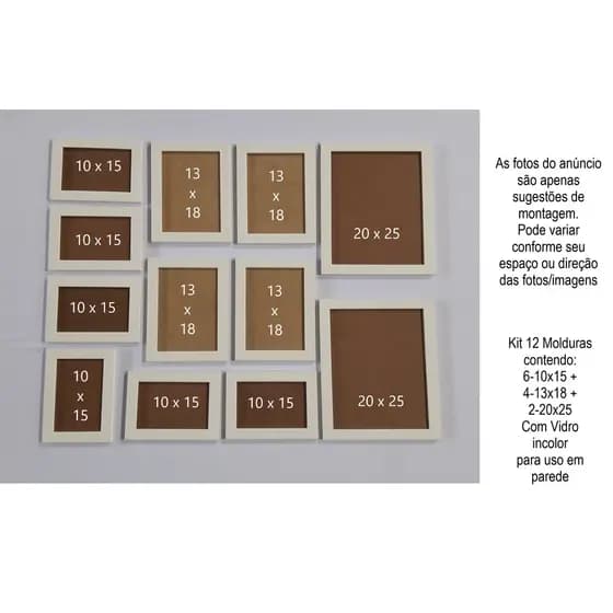 Kit 12 Molduras 6-10x15 + 4-13x18 + 2-20x25 Com Vidro para uso em parede