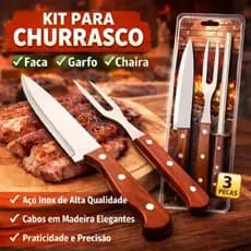 Kit 3 Peças Para Churrasco Com Cabo de Madeira - Aço Inoxidável XPERT Resistente Faca Garfo Afiador