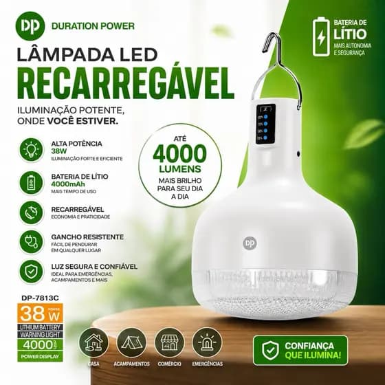 🔥 Lâmpada LED Recarregável 38w 4000mAh – Iluminação Potente Para Qualquer Lugar! 🔥