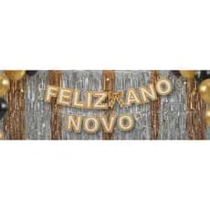 Faixa Varal de Letras Feliz Ano Novo Branco com Dourado 3 Metros- Decoração De Festa Ano Novo