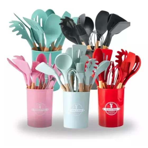 Jogo de Utensílios de Cozinha 12 Peças Silicone com Cabo de Madeira e Suporte Copo Antiaderente