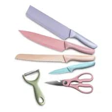 Kit Faqueiro Facas Churrasco Coloridas 6 Peças  Inox Tesoura