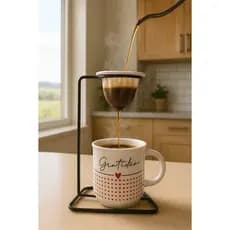Kit Cafezinho individual  Mini Coador de Café suporte metal Xícara Em Porcelana de 200 ml Coração Amor Gratidão Sucesso