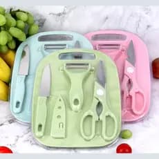 Conjunto 4 Utensílios Cozinha Faca Tesoura Descascador Tábua