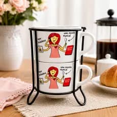 Kit Xícaras com Suporte Presente Dia das Mães | Kit Café da Manhã Criativo Porcelana Decorativa - TEMA: Tarefa Diária