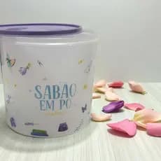 Plastsu Pote Sabão em Pó 6,5L Tampa Decorado Redondo transparente Organização Lavanderia Multiuso