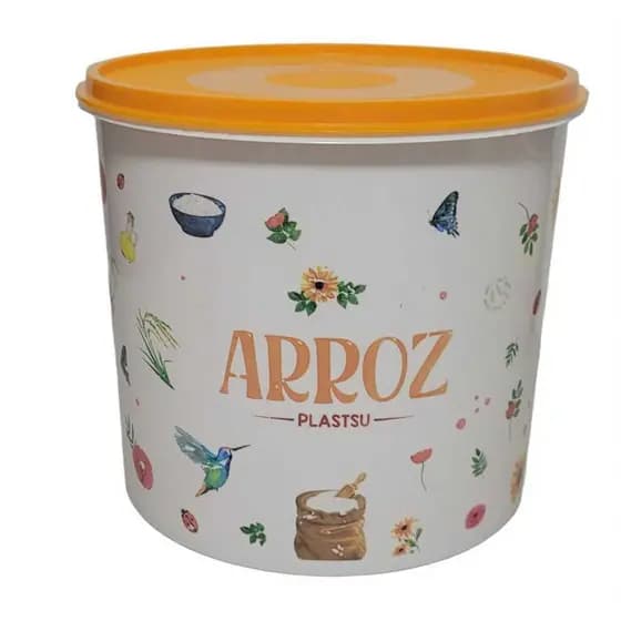 Pote Decorado Arroz 6,5 Litros Plástico Plastsu com Tampa Armazena 5kg Arroz linha floral Grande