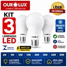 3 x Lampada Led Ourolux 6W , 9W , 12W , 15W, 20W, 30W, 400W, 50 Watts Lâmpadas Branca Fria 6500