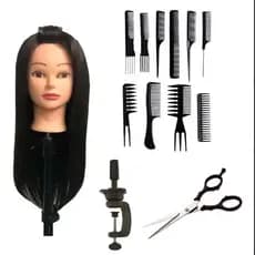 Cabeça Sintética Castanho Escuro + Suporte + Tesoura  Kit Pentes