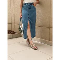 Saia jeans  cintura alta Fenda no meio, casual, elegante, simples e elegante,  sem lycra, comprimento 90  cm