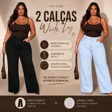 Kit Calça Wide Leg Jeans Plus Size Cintura Alta Com Bolsos Jeans Grosso Pantalona Plus Size