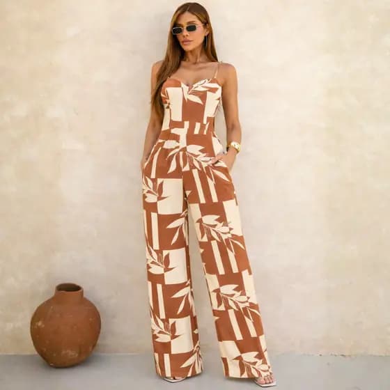Macacão Longo Feminino Pantalona Estampado Alças Reguláveis Bolsos Reais Tecido Duna Elegante Social
