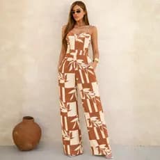Macacão Longo Feminino Pantalona Estampado Alças Reguláveis Bolsos Reais Tecido Duna Elegante Social