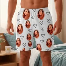 Samba-Canção Pijama Shorts Masculino com Foto Estampa Rosto e Coração Vazado