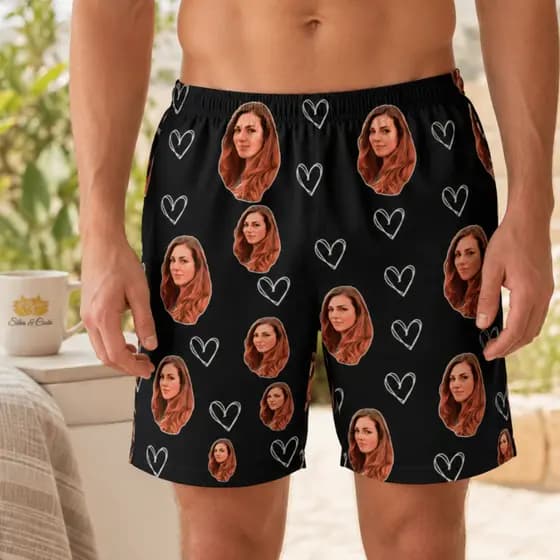 Samba-Canção Pijama com Foto Shorts Masculino Estampa Rosto e Coração Vazado
