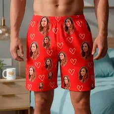 Samba-Canção Pijama Shorts Masculino Estampa Rosto e Coração Vazado com Foto