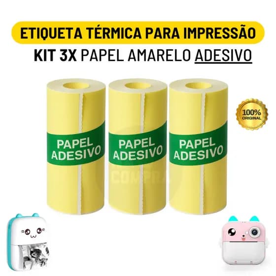 Kit 3 Bobina Rolo De Papel Térmico Adesivo 57*30mm Amarelo Para Mini Impressora Portátil De Gatinho / Envio Imediato