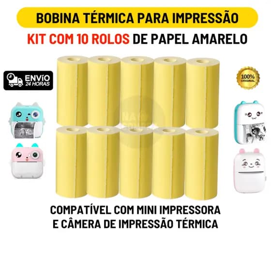 Kit 10 Bobina Térmica 57mm Não Adesivo Rolo Amarelo Para Mini Impressora Térmica Portátil