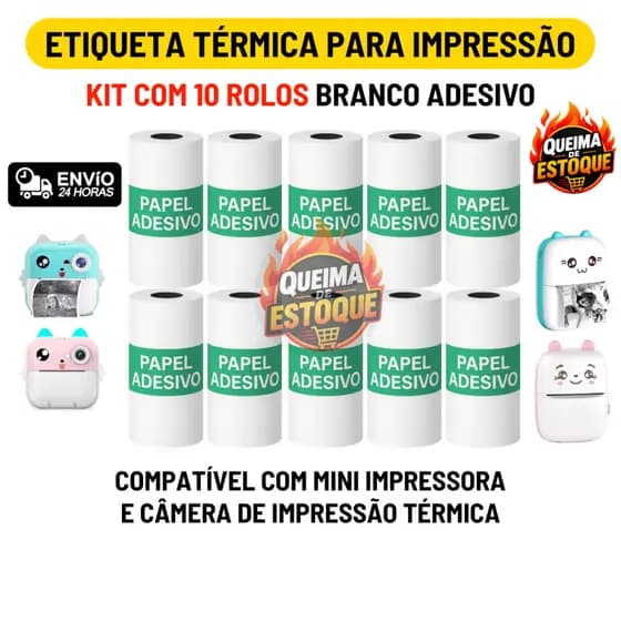 Kit 10 Rolos Etiqueta Térmica Adesiva Branco 50mm Bobina Refil Para Mini Impressora Portátil e Maquina Fotográfica