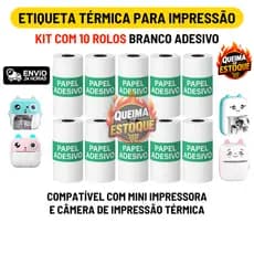 Kit 10 Rolos Etiqueta Térmica Adesiva Branco 50mm Bobina Refil Para Mini Impressora Portátil e Maquina Fotográfica
