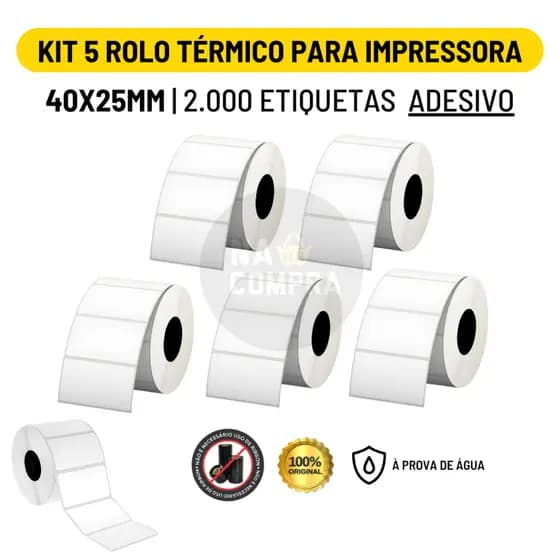 Kit 5 Rolo Etiqueta Adesiva 40x25mm 4x2,5cm (1 coluna)Impressora Térmica 2000 Etiquetas