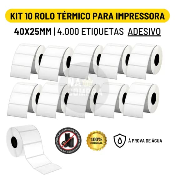 Kit 10 Rolo Etiqueta Adesiva 40x25mm 4x2,5cm (1 coluna)Impressora Térmica 5.000 Etiquetas
