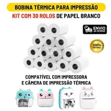 Kit 30 Bobina Rolo De Papel Térmico Branco Refil Para Mini Impressora Portátil e Câmera Instantânea