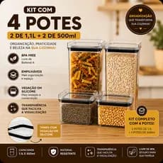 Kit com 4 Potes Herméticos Acrílico 2 Potes de 1,1L e 2 Potes de 500ml Organização Qualidade Premiun