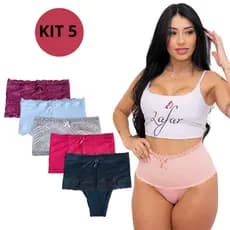 kit 5 calcinha cinta renda alta de algodão Conforto modeladora comprime barriga Fio Duplo- Lafar