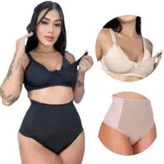 Kit 5 Conjuntos Amamentação Calcinha Pós Parto Cintura Alta Sutiã Reforçado Click Fácil Maternidade