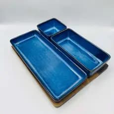Petisqueira em Madeira e Cerâmica Azul com 3 Bowls 30x12cm
