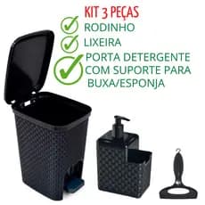 KIT Lixeira Rattan 7 litros Preta c/ Pedal + Porta Detergente + Rodo de Pia Banheiro Cozinha Escritorio
