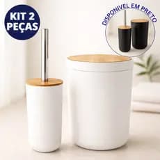 kit de Banheiro Luxo 2 pçs - Lixeira e Escova Sanitária com Tampa de Bambu