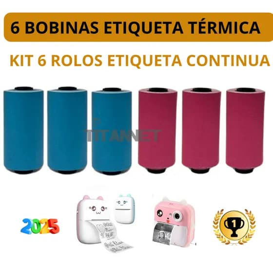 6 Rolos Etiqueta Adesiva Colorida Mini Impressora Gatinho