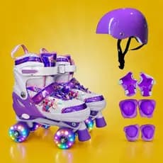 Patins Stitch Infantil Quad Tamanho Ajustavel Regulavel Rodinhas Com LED + KIT DE PROTEÇÃO COMPLETO