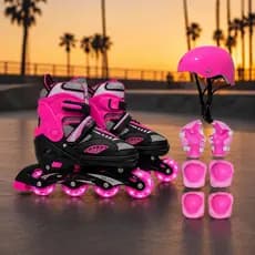 Patins Inline Roller New Semi Pró Ajustavel Regulavel Rodinhas de LED + KIT PROTEÇÃO