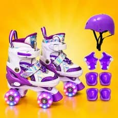 Patins Quad Arco Iris 4 Rodas Infantil com Led em todas Rodinhas + Bolsa + KIT COMPLETO DE PROTEÇÃO
