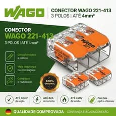 Kit 5 Peças Conector Elétrico 221-413 Emenda Wago 3 Vias 32A Original 4mm²  Fio Chuveiro Tomada