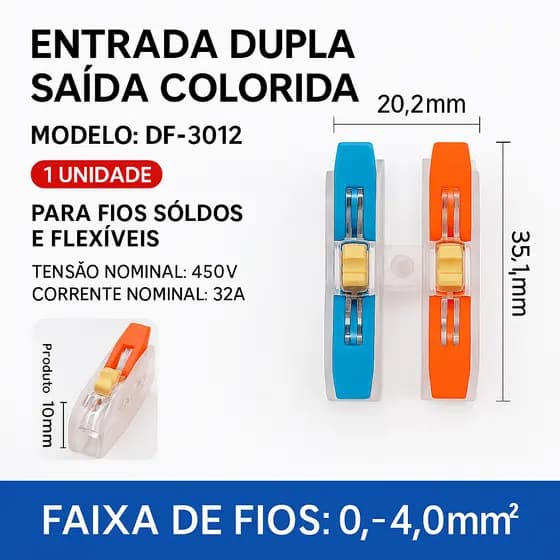 Kit 5 peças conector DF-3012 Emenda Eléctrica Conector Duplo Tipo Borne 2-2 Azul e Laranja INLINE
