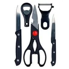 Kit 5 Utensílios de Cozinha Preta Facas Tesoura Multifunção Descascador de Legumes Abridor de Lata