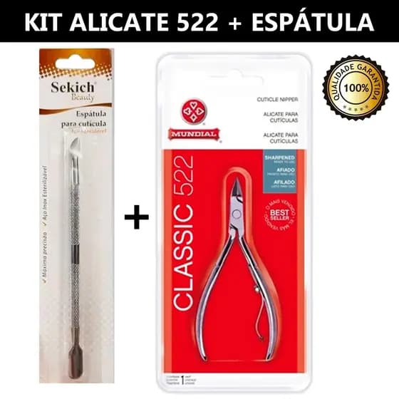 Kit Alicate Unha Cutícula Manicure 522 Mundial + Espátula de Inox Profissional para Manicure